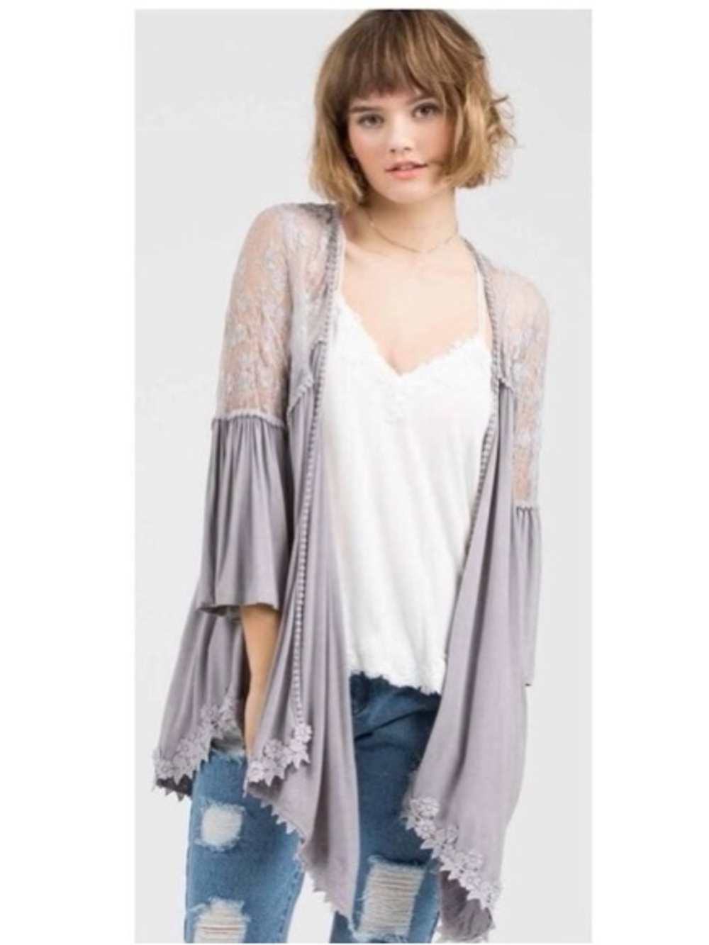 POL Light Gray Lace-Trim Embroidered Open Cardigan Size Small